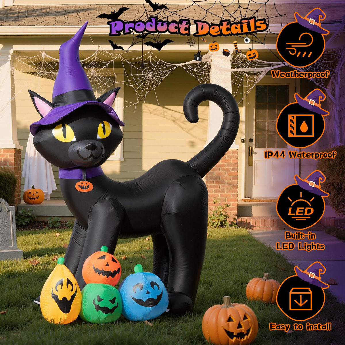 6FT Inflatable Black Cat with Witch Hat and 4 Pumpkins X8881