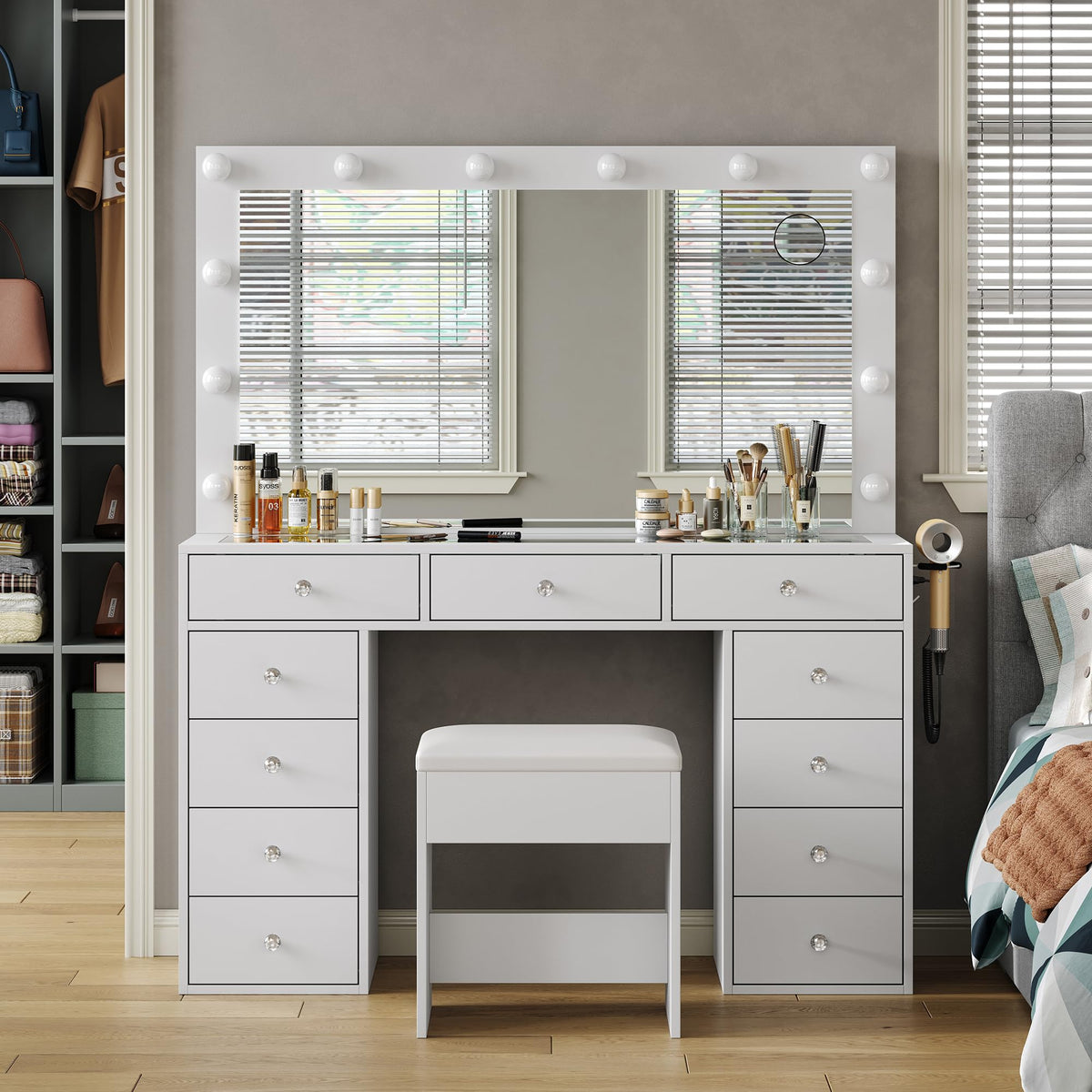 White Vanity Desk with Mirror and Chair T61437
