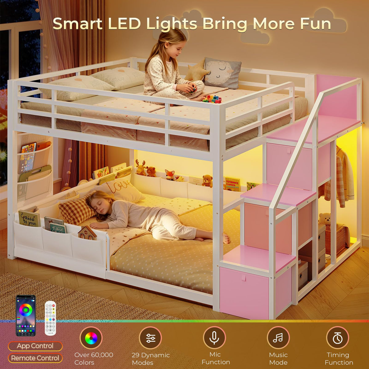 Full Over Full Bunk Bed with Storage Stairs and Drawers, White & Pink H54953