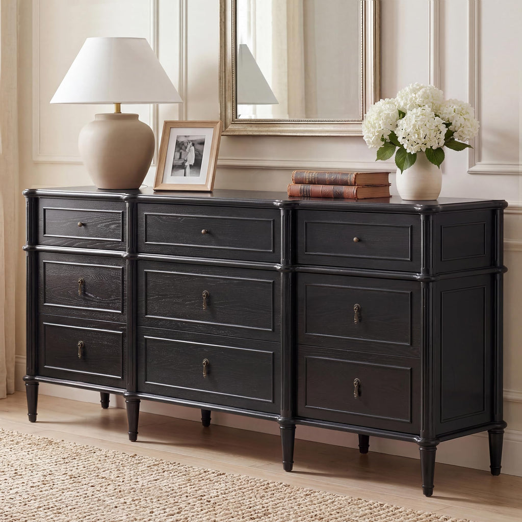 63" 9-Drawer Wood Dresser with Power Outlet, Black U796932