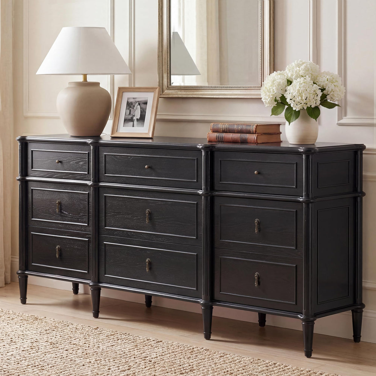 63" 9-Drawer Wood Dresser with Power Outlet, Black U796932