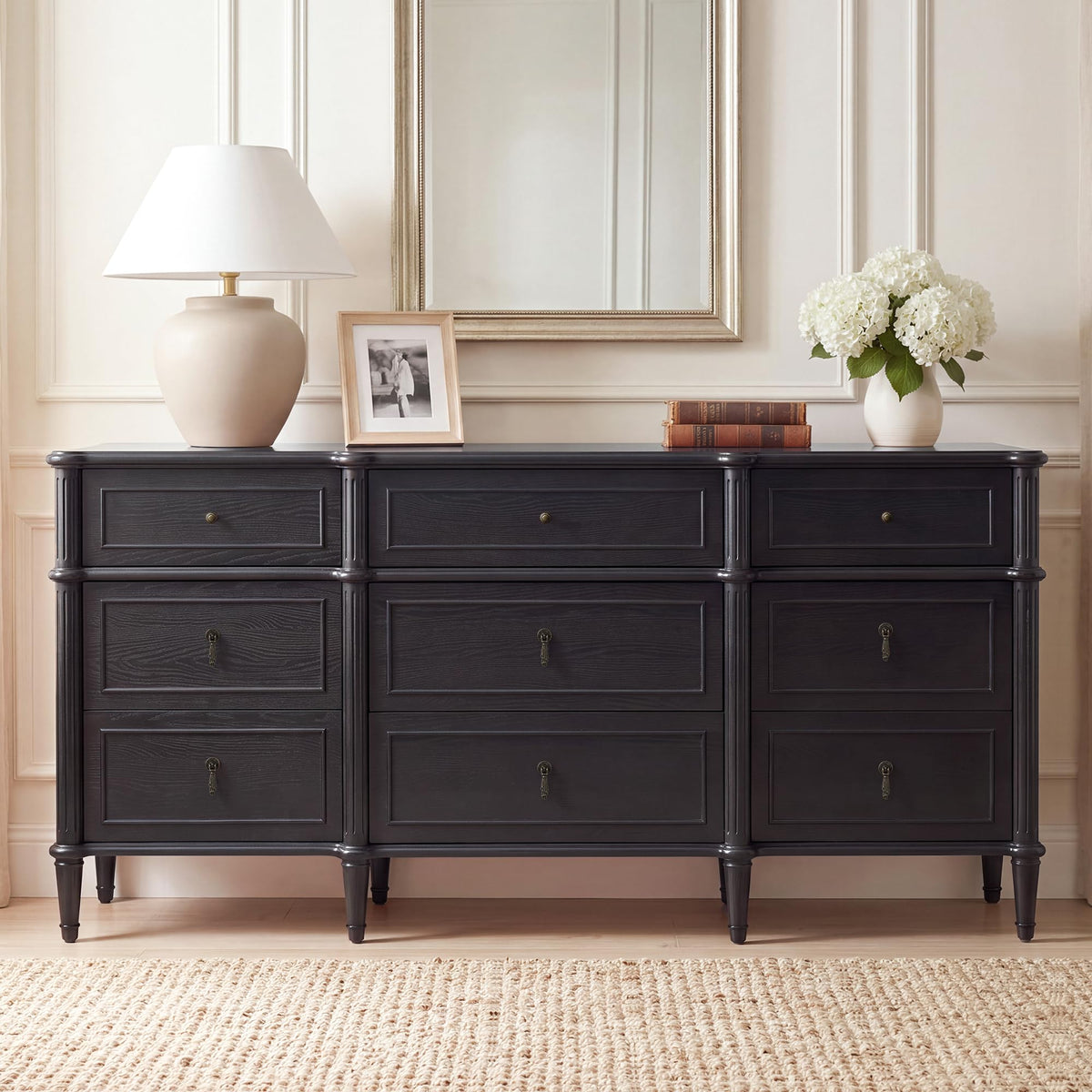 63" 9-Drawer Wood Dresser with Power Outlet, Black U796932