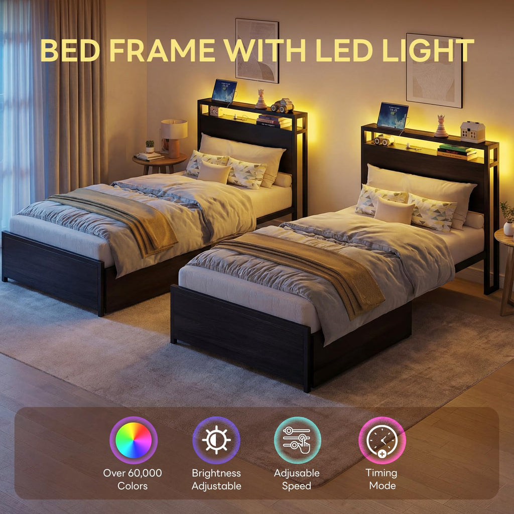 Twin Bed Frame with Storage Drawers and LED Light H3467