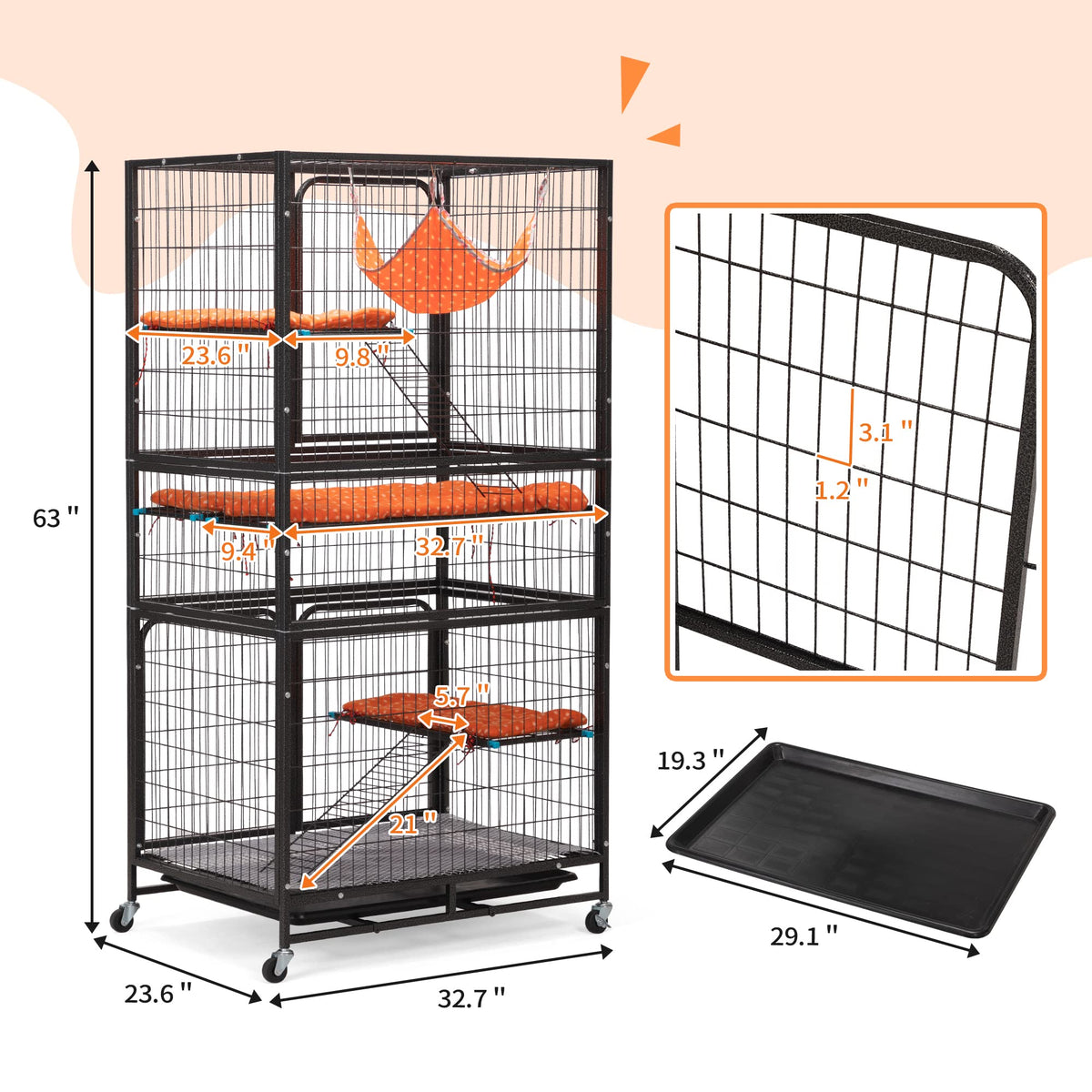 4-Tier Cat Cage with Hammock and Wheels, Black Q253505