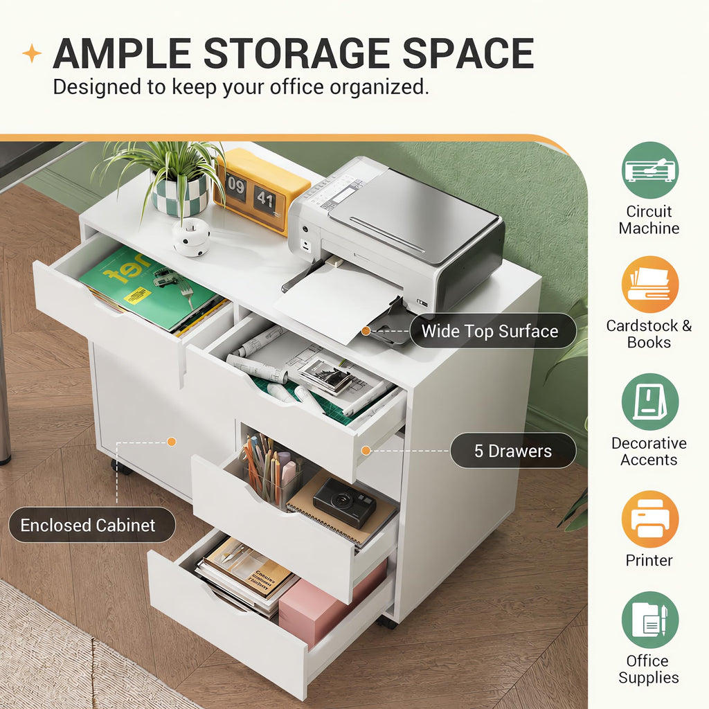 White 5 Drawer Wood Office Cabinet Y21625