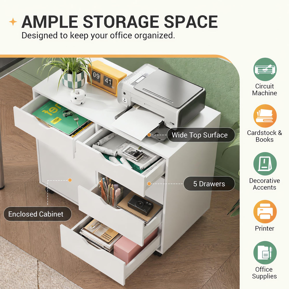 White 5 Drawer Wood Office Cabinet Y21625