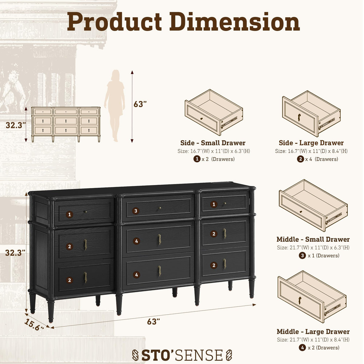 63" 9-Drawer Wood Dresser with Power Outlet, Black U796932