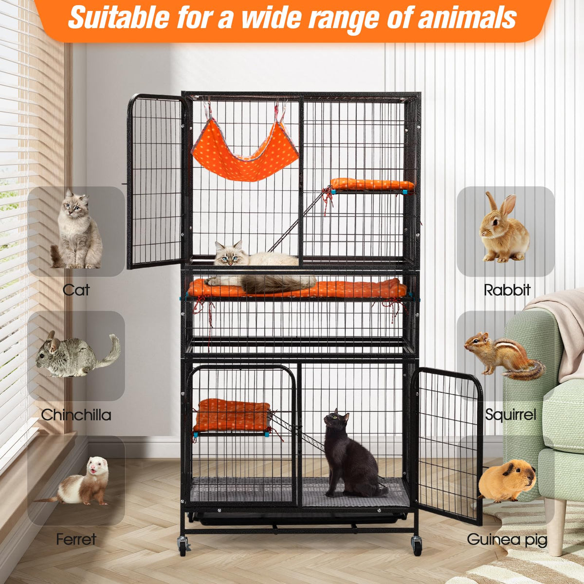 4-Tier Cat Cage with Hammock and Wheels, Black Q253505