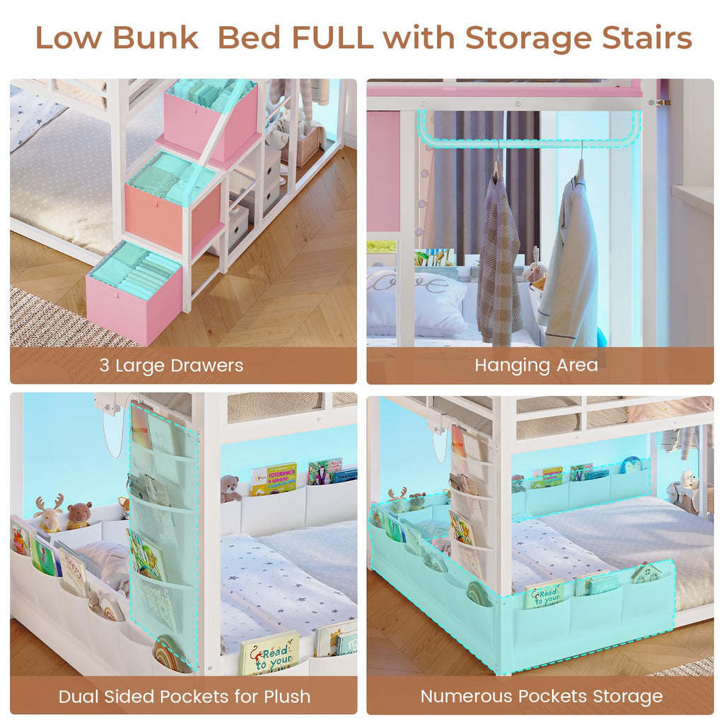 Full Over Full Bunk Bed with Storage Stairs and Drawers, White & Pink H54953