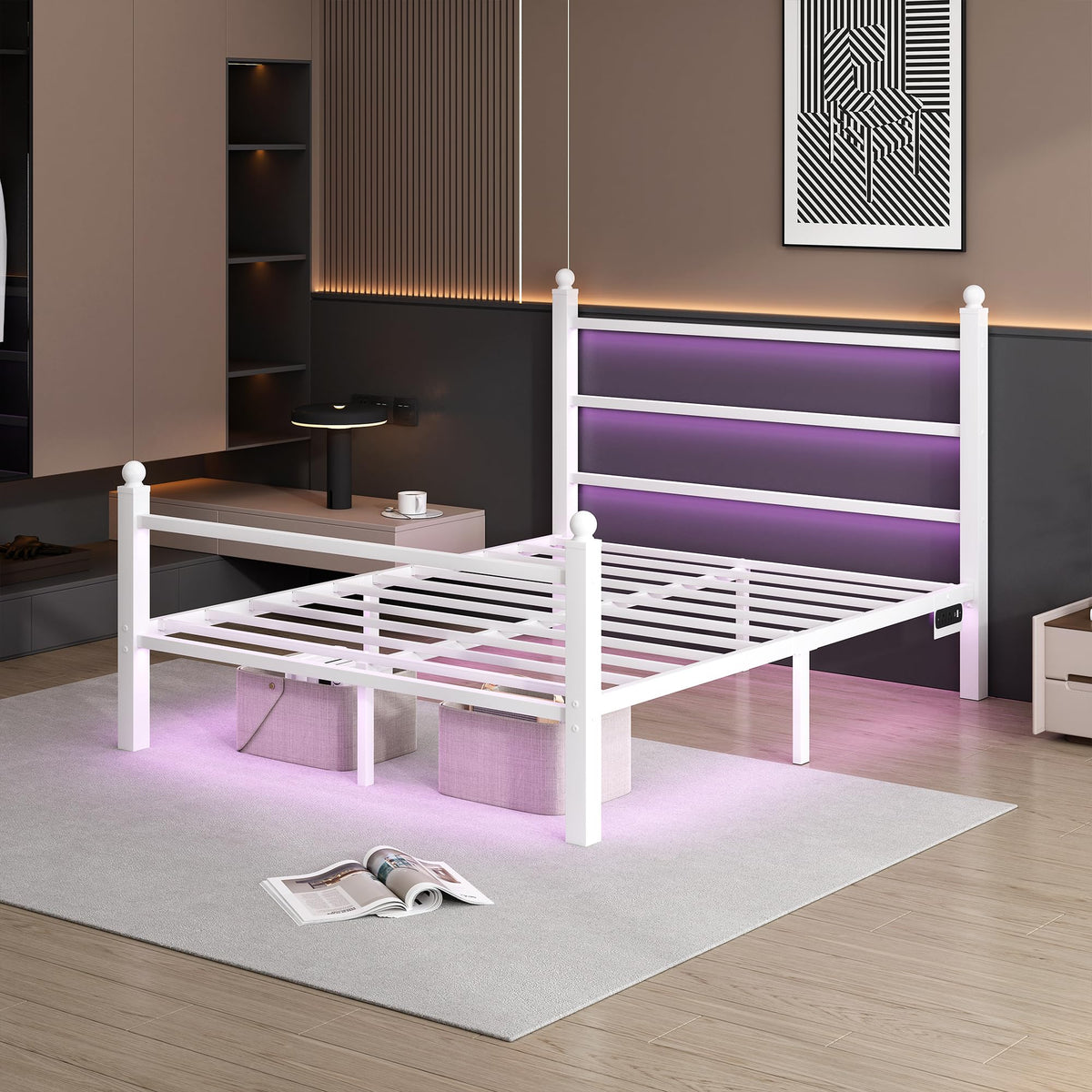 White Full Size Bed Frame with Headboard and Footboard Y4564