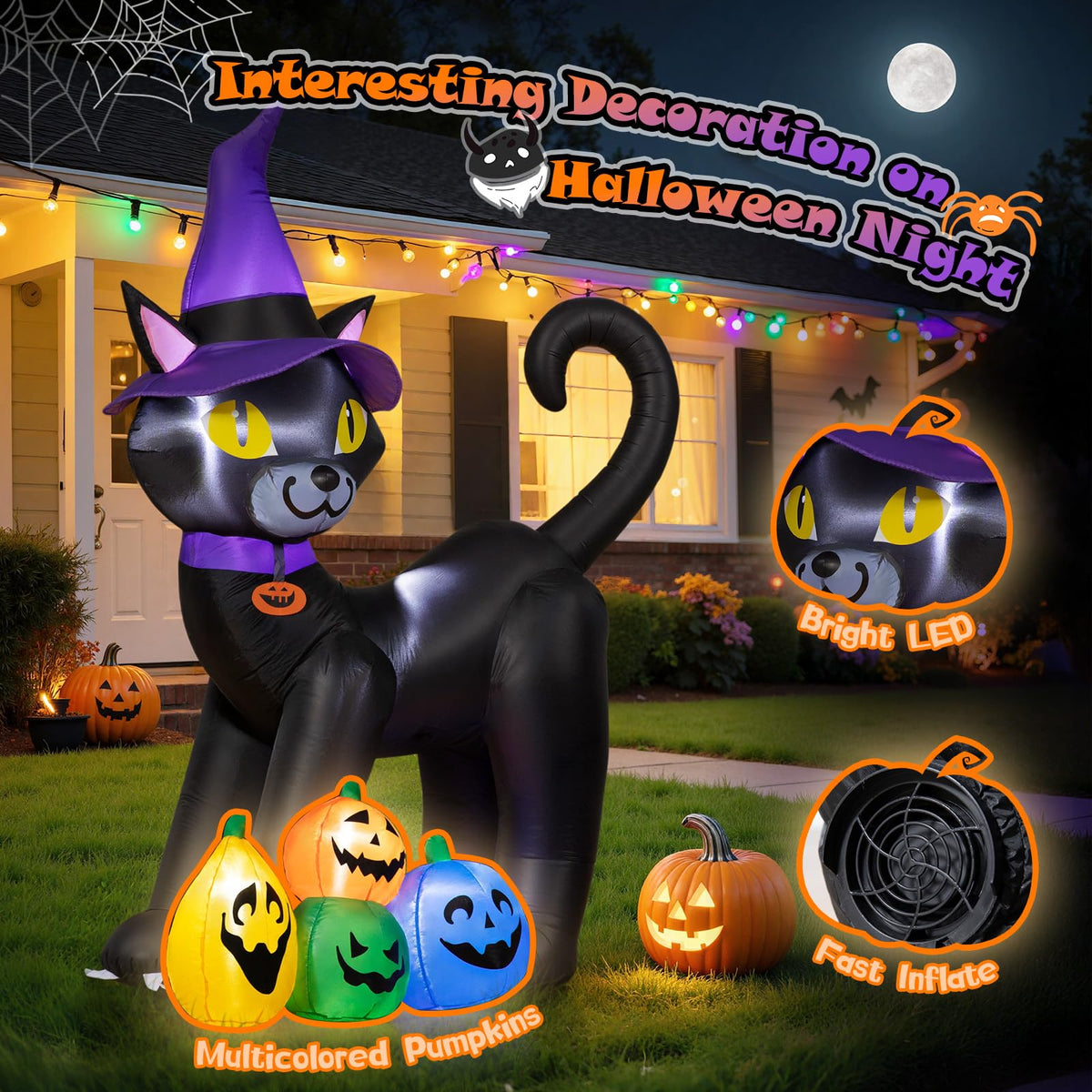 6FT Inflatable Black Cat with Witch Hat and 4 Pumpkins X8881