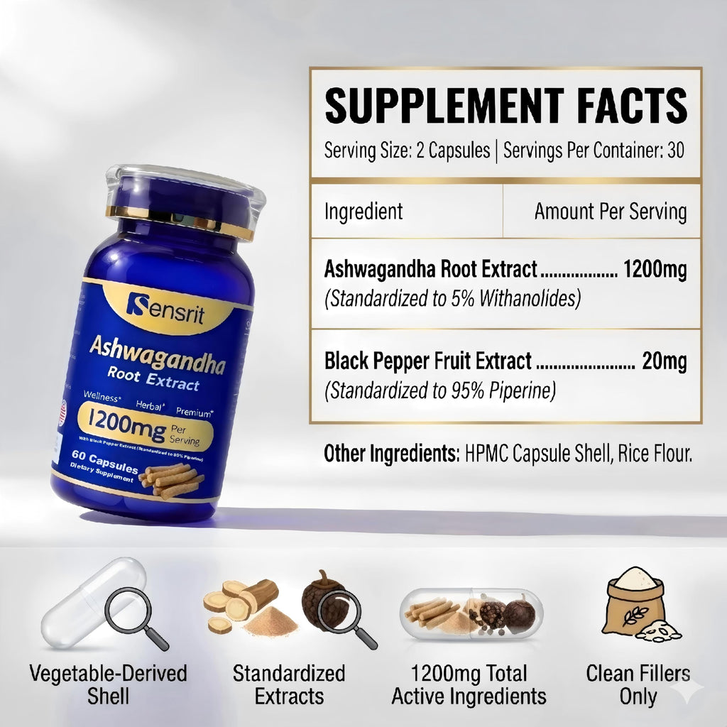 Ashwagandha 1200mg Root Extract 60 Capsules Supplement P17525