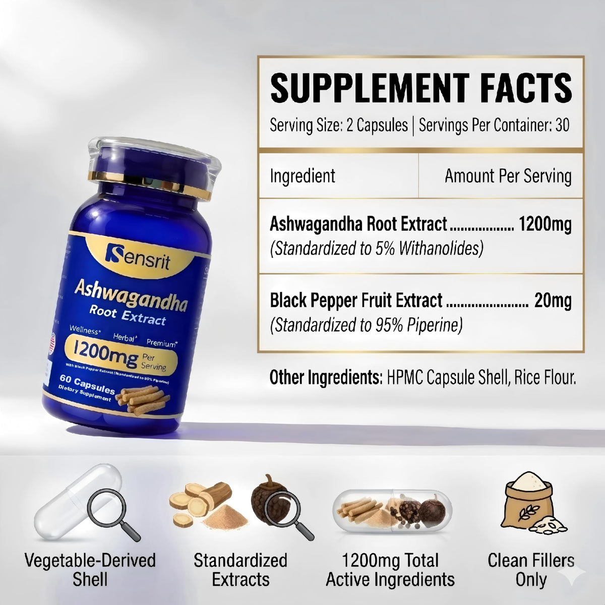 Ashwagandha 1200mg Root Extract 60 Capsules Supplement P17525