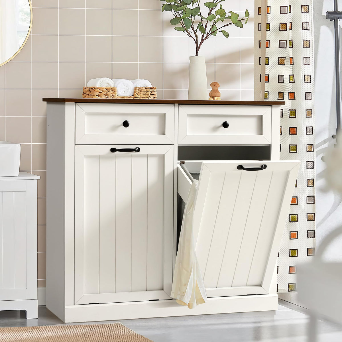 Double Laundry Hamper Cabinet with 2 Drawer R165