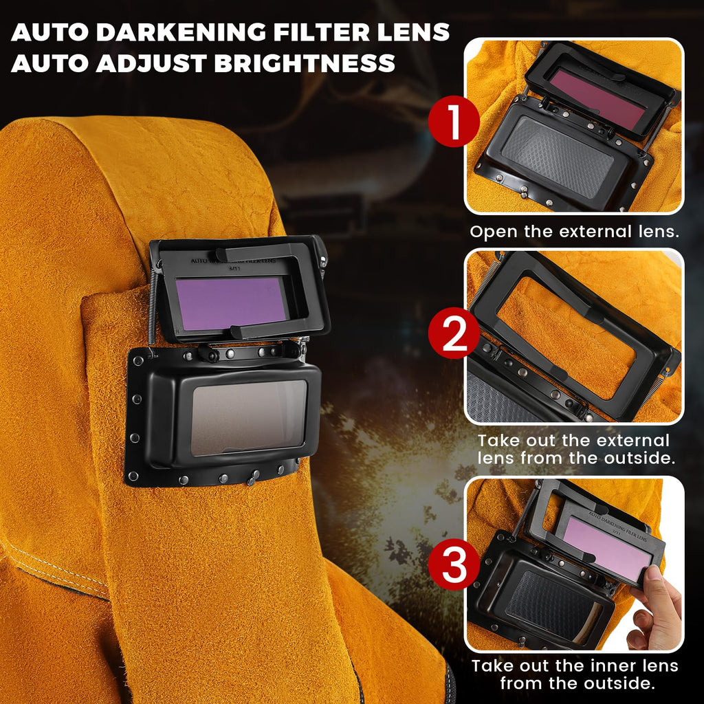 Leather Welding Hood with Auto Darkening Filter Lens V464
