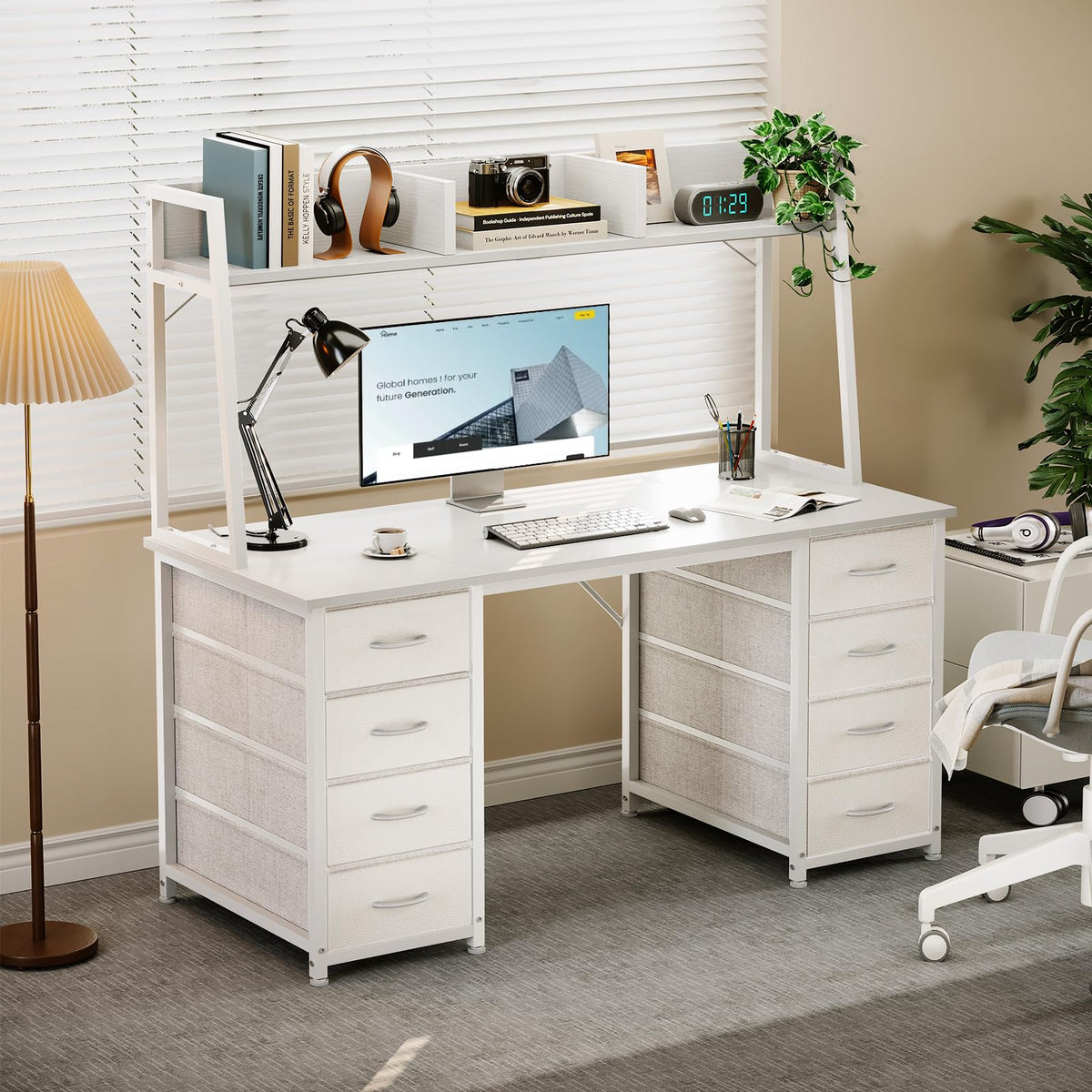 48 Inch White Computer Desk with Hutch and 8 Drawers S47985