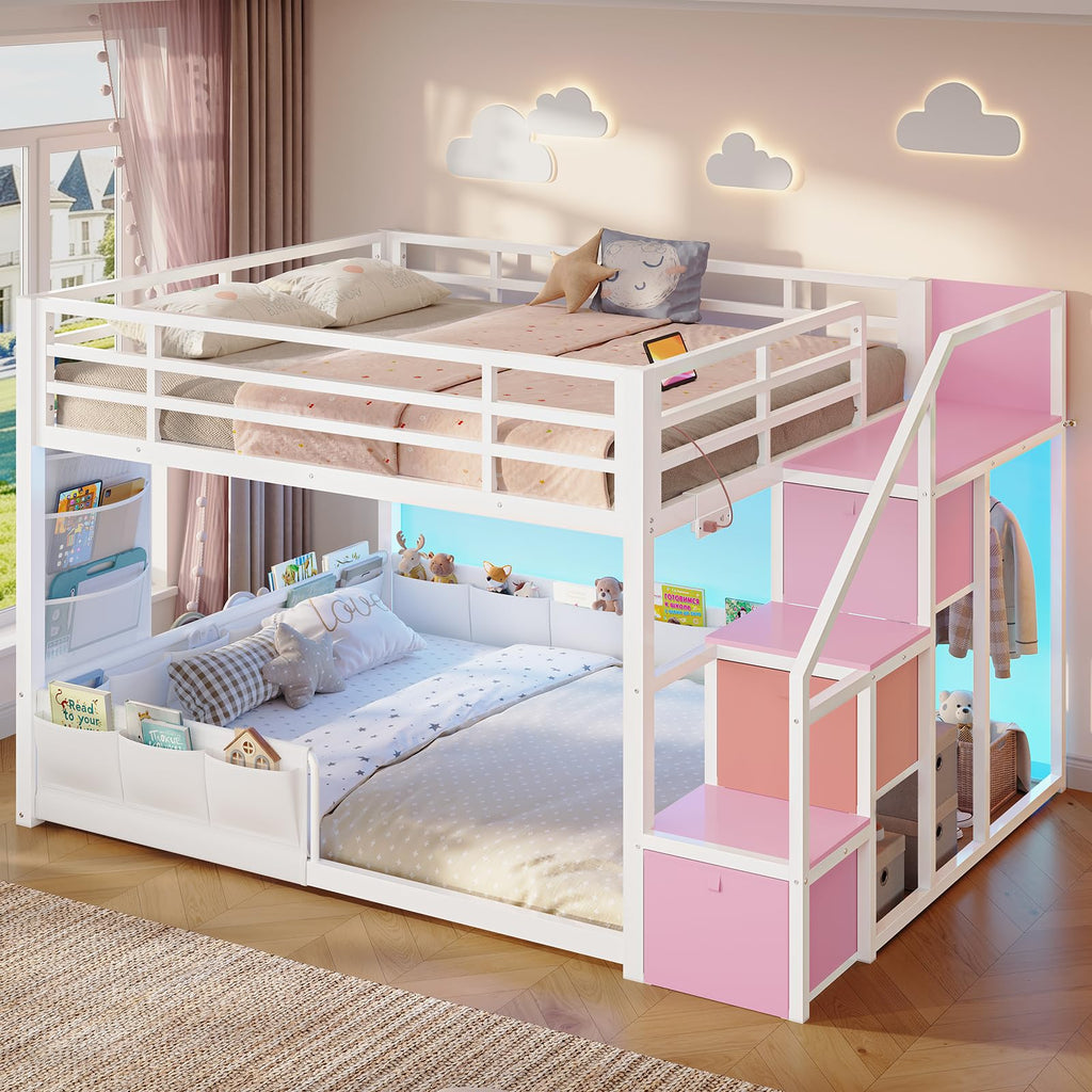 Full Over Full Bunk Bed with Storage Stairs and Drawers, White & Pink H54953
