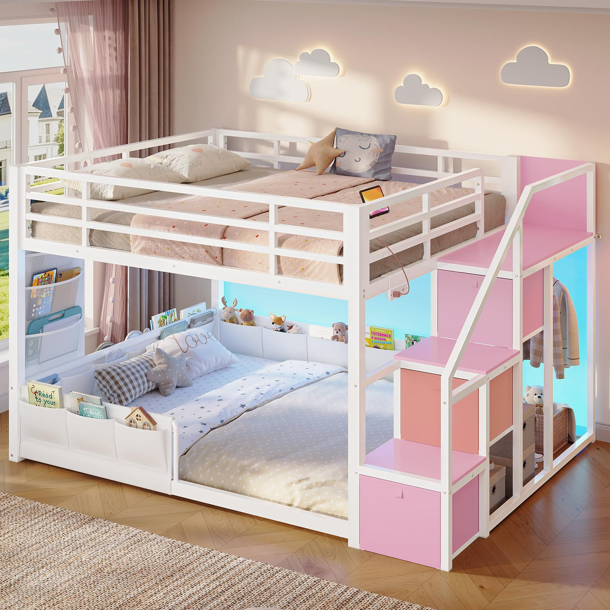 Full Over Full Bunk Bed with Storage Stairs and Drawers, White & Pink H54953