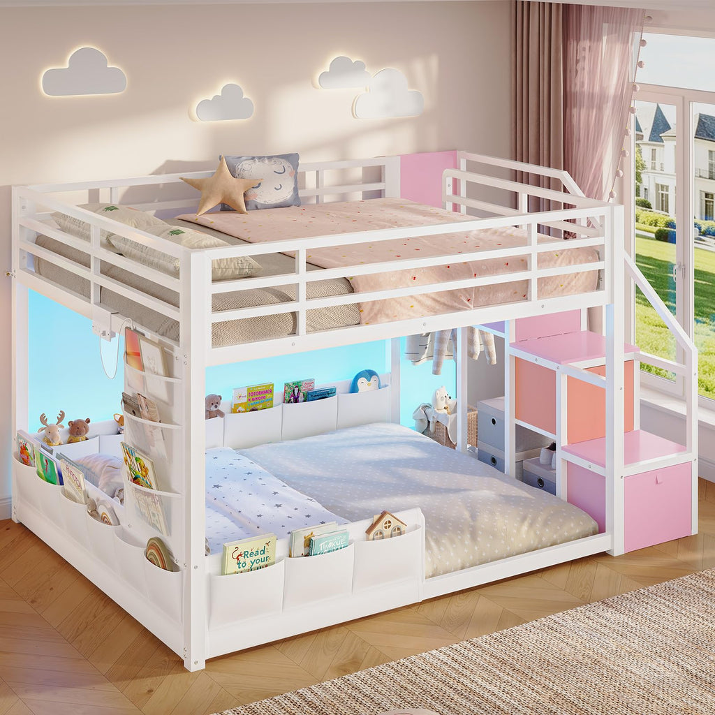 Full Over Full Bunk Bed with Storage Stairs and Drawers, White & Pink H54953