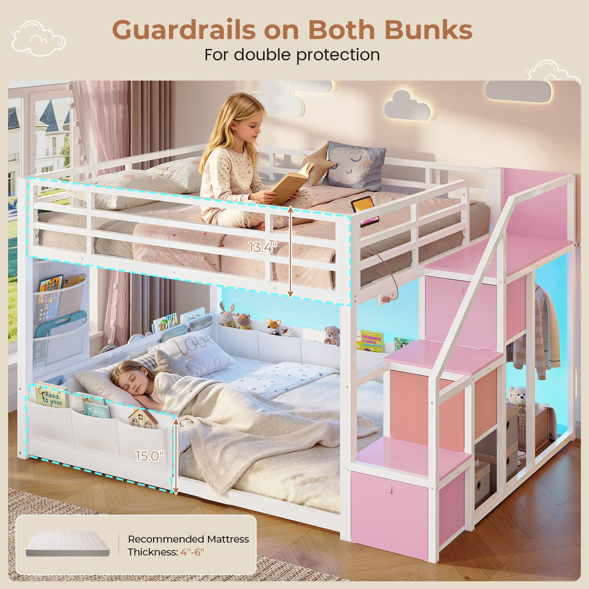 Full Over Full Bunk Bed with Storage Stairs and Drawers, White & Pink H54953