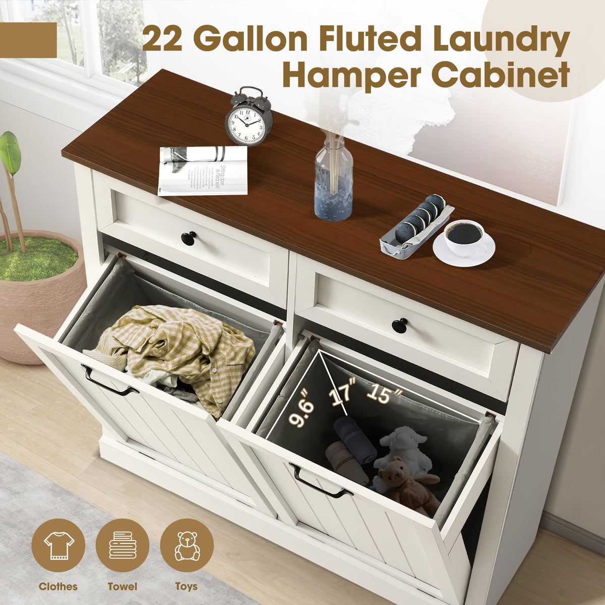 Double Laundry Hamper Cabinet with 2 Drawer R165