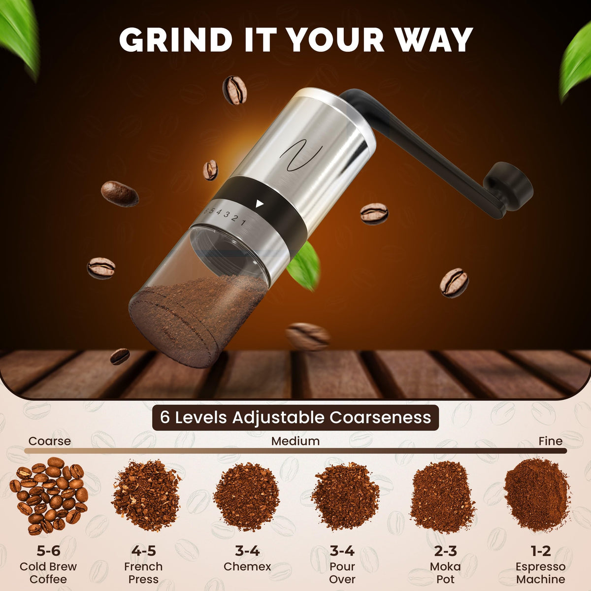 Manual Stainless Steel Hand Crank Burr Coffee Grinder H667481