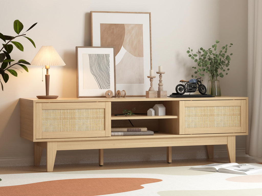 Natural Rattan TV Stand with Sliding Doors Y474