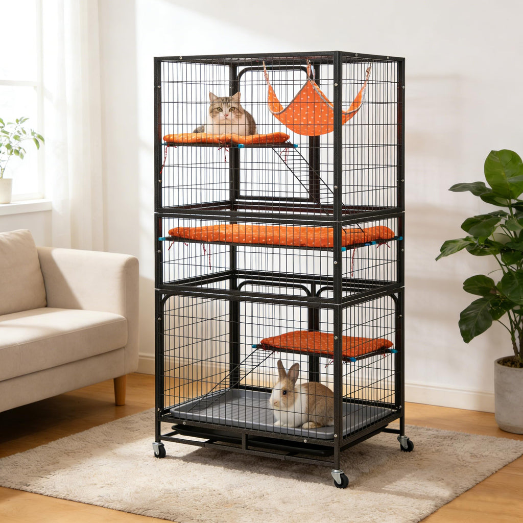 4-Tier Cat Cage with Hammock and Wheels, Black Q253505