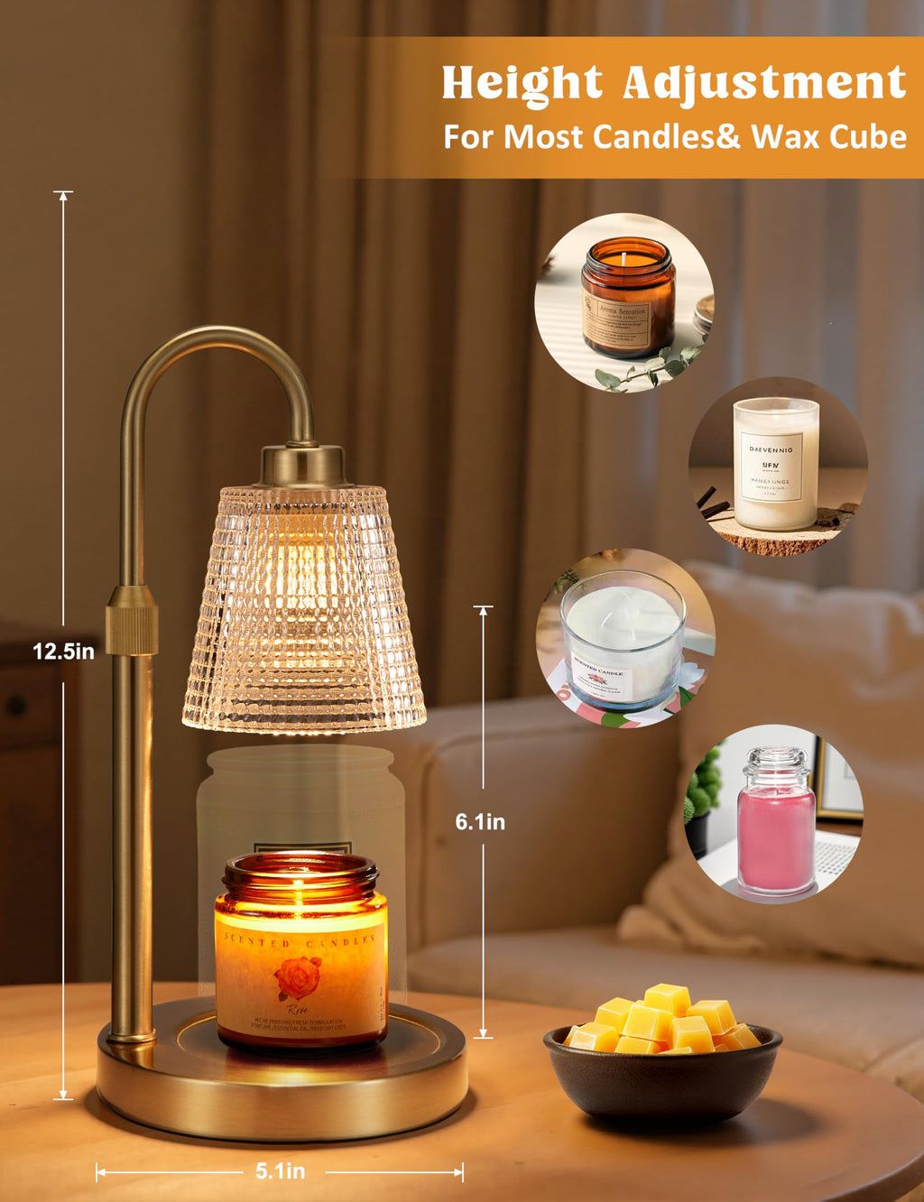 Gold Candle Warmer Lamp with Timer, Dimmable, Height Adjustable M7459