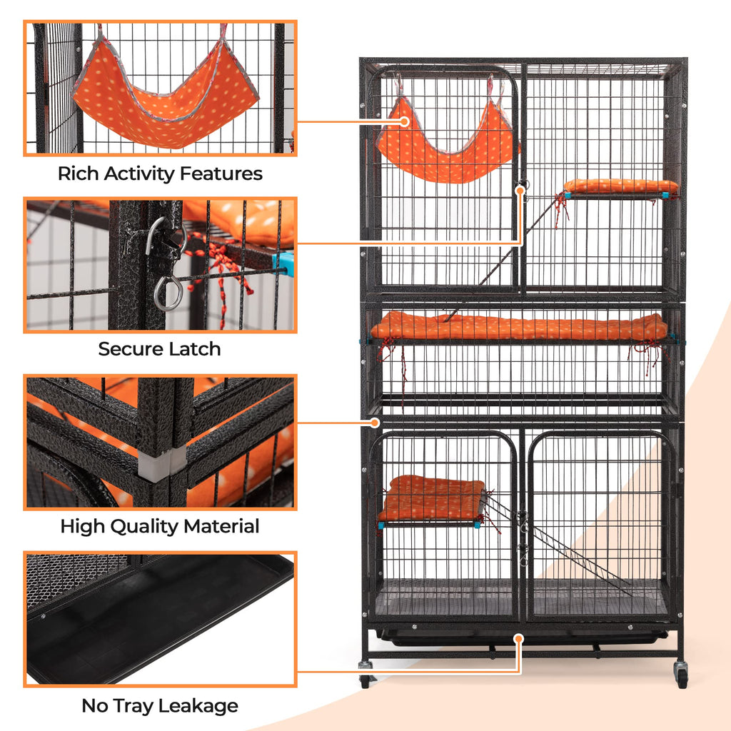 4-Tier Cat Cage with Hammock and Wheels, Black Q253505