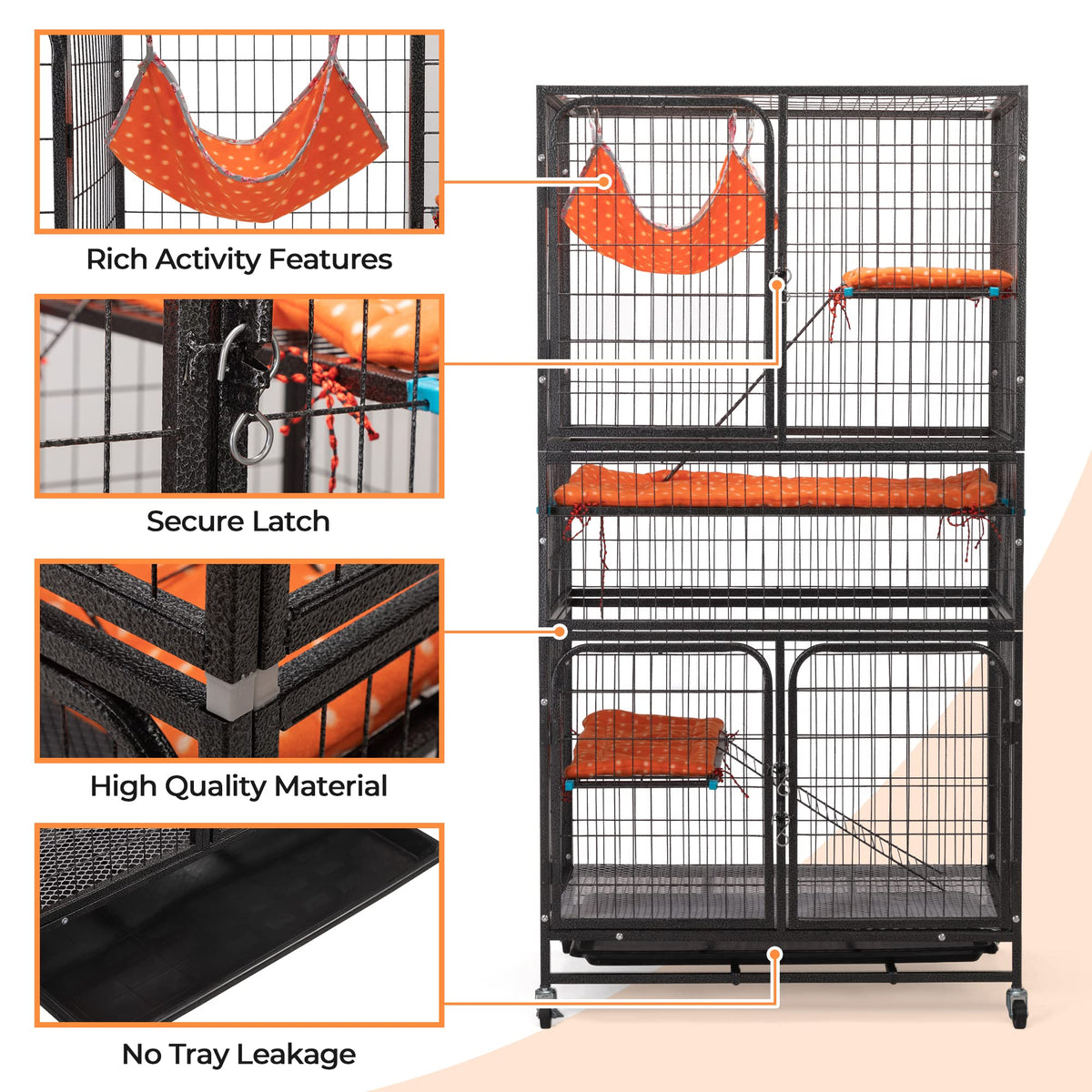 4-Tier Cat Cage with Hammock and Wheels, Black Q253505