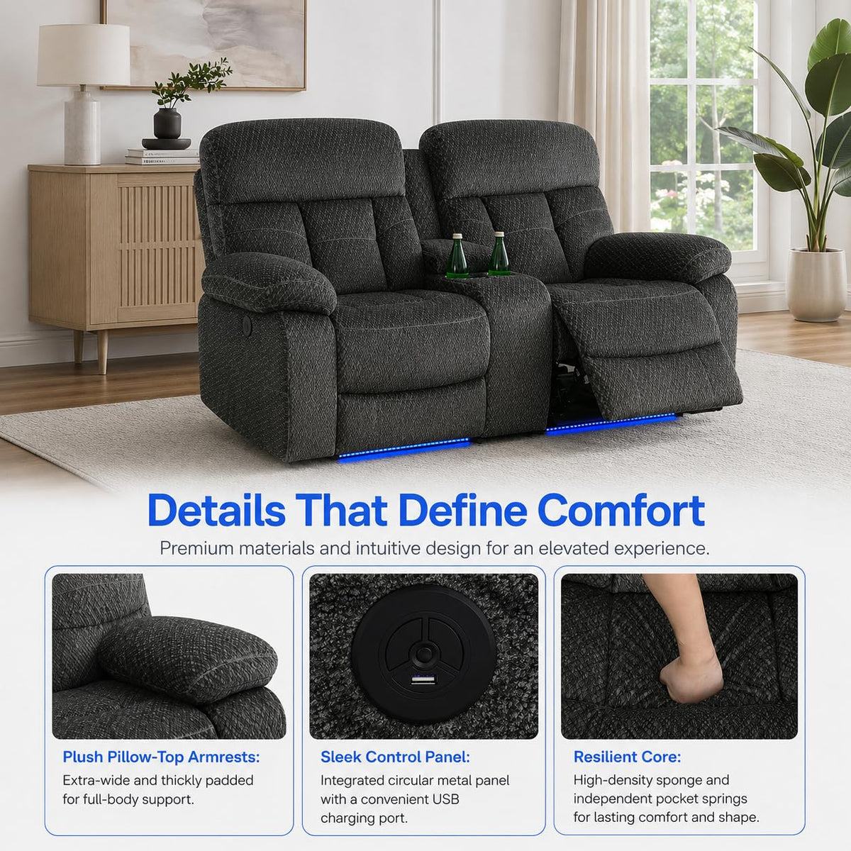 Gray Wool 3 Piece Power Reclining Sofa Set with USB Ports and LED Lights N159