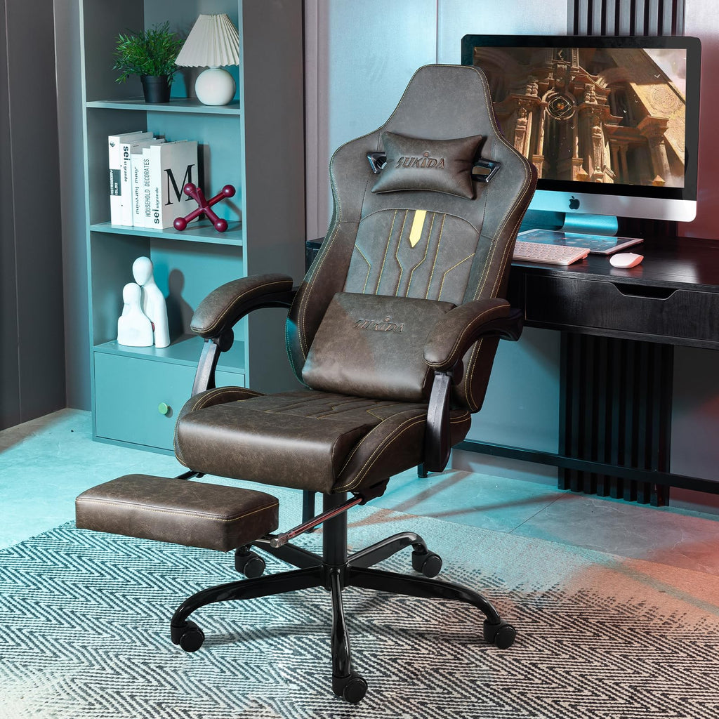 Brown Ergonomic Gaming Chair with Footrest and Massage Lumbar Cushion I64436