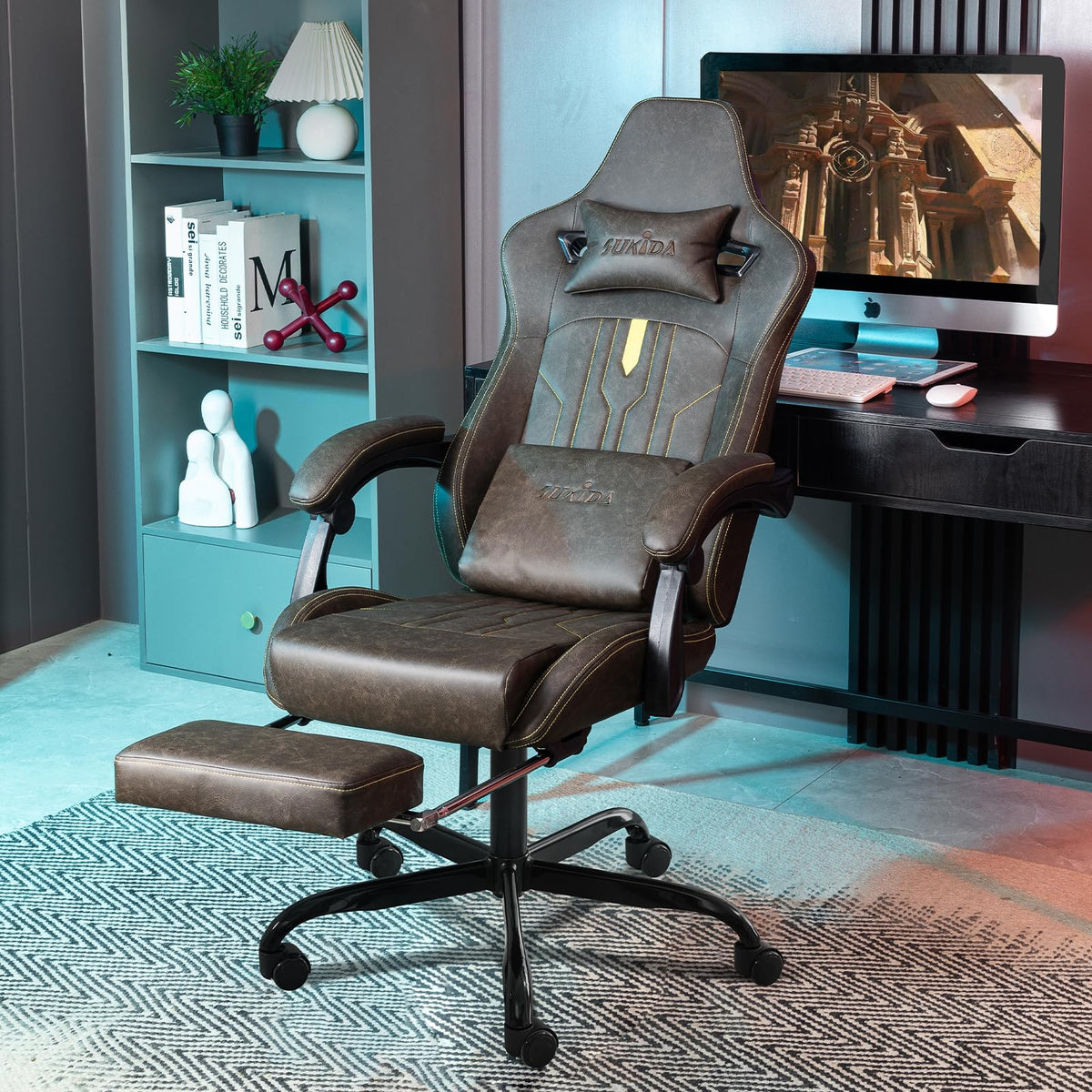 Brown Ergonomic Gaming Chair with Footrest and Massage Lumbar Cushion I64436