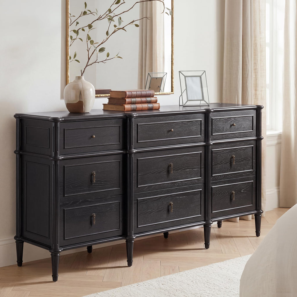 63" 9-Drawer Wood Dresser with Power Outlet, Black U796932