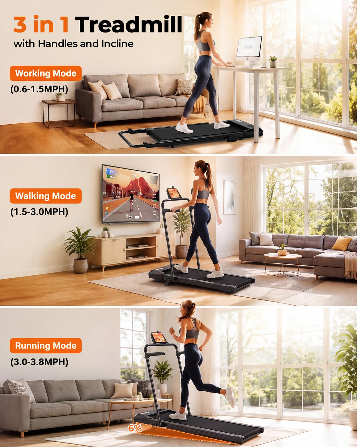 Walking Pad with 6% Incline, 3 in 1 Portable Treadmill, 2.5 HP, 300 Lbs Capacity M405437