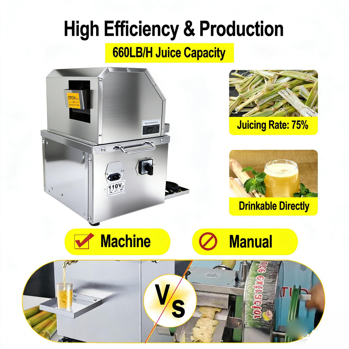 110V 800W Stainless Steel Electric Sugar Cane Juicer Machine K586798