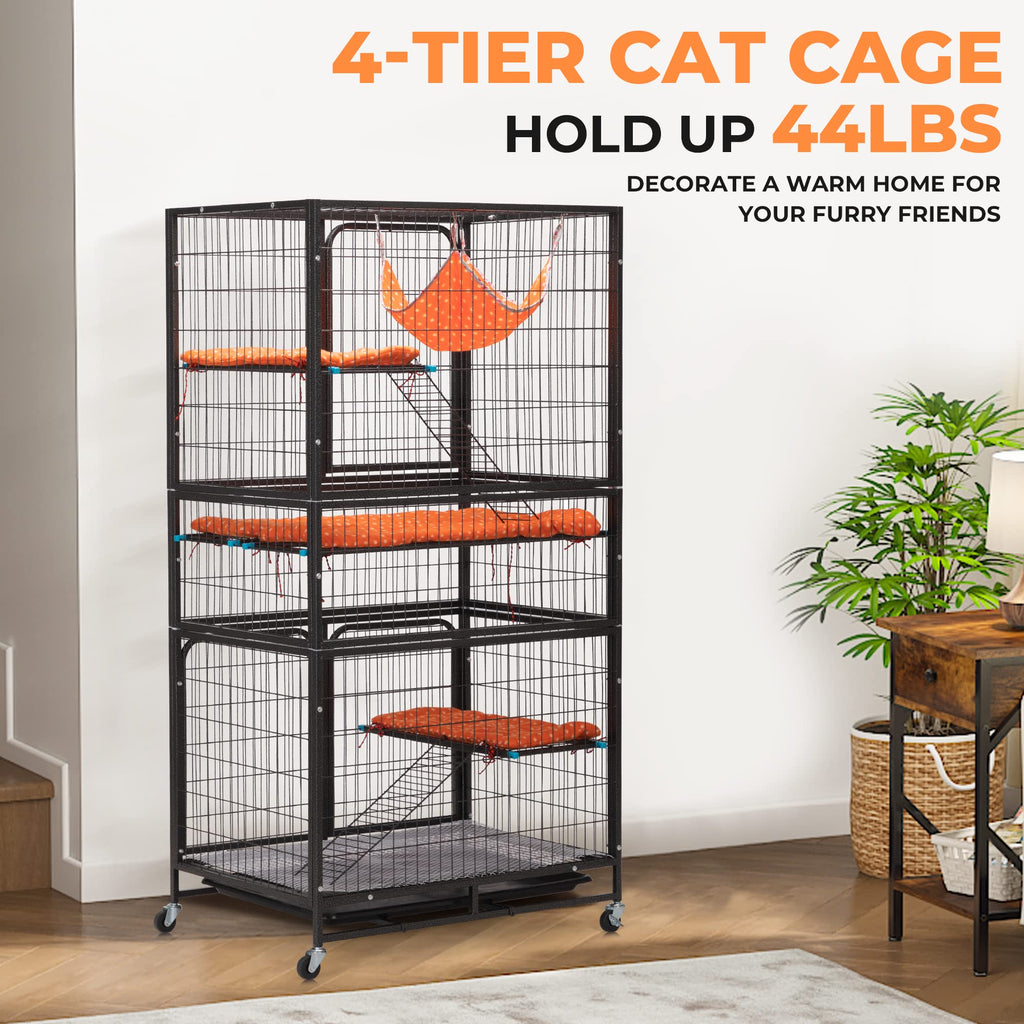 4-Tier Cat Cage with Hammock and Wheels, Black Q253505