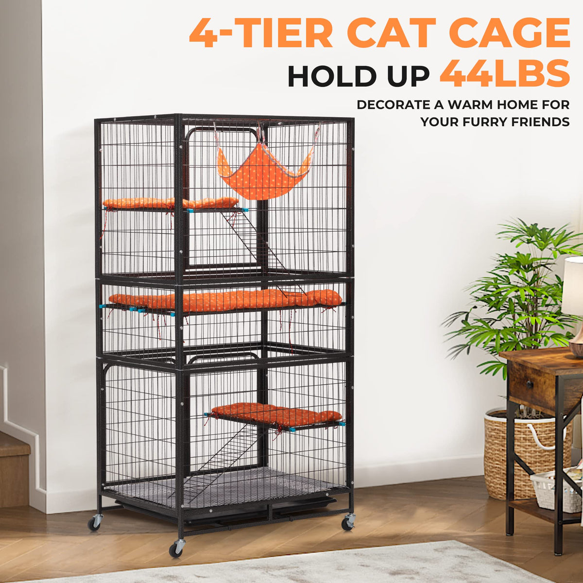 4-Tier Cat Cage with Hammock and Wheels, Black Q253505