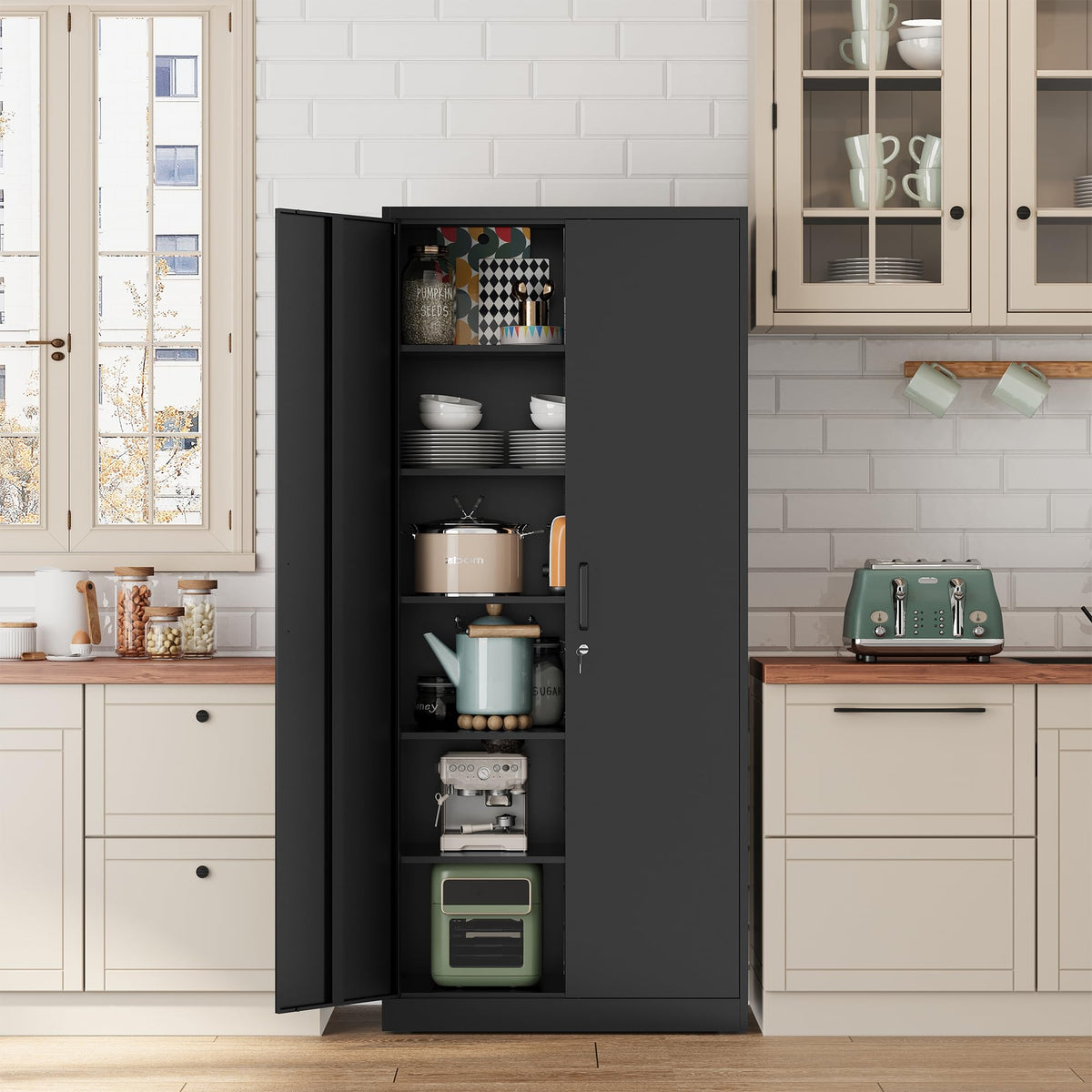 71” Tall Black Steel Storage Cabinet with Lockable Doors and Adjustable Shelves B52744