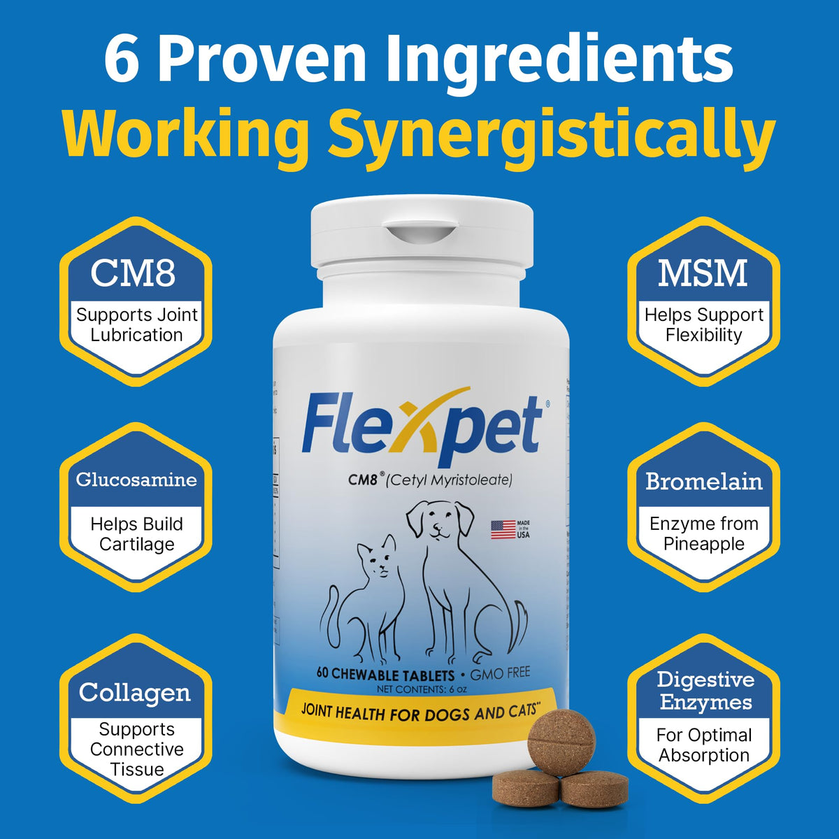 Hip & Joint Supplement for Dogs & Cats with Glucosamine, Collagen, MSM - 60 Tablets A388631
