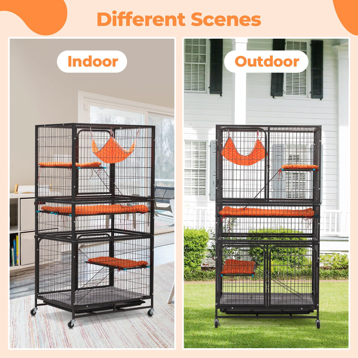 4-Tier Cat Cage with Hammock and Wheels, Black Q253505