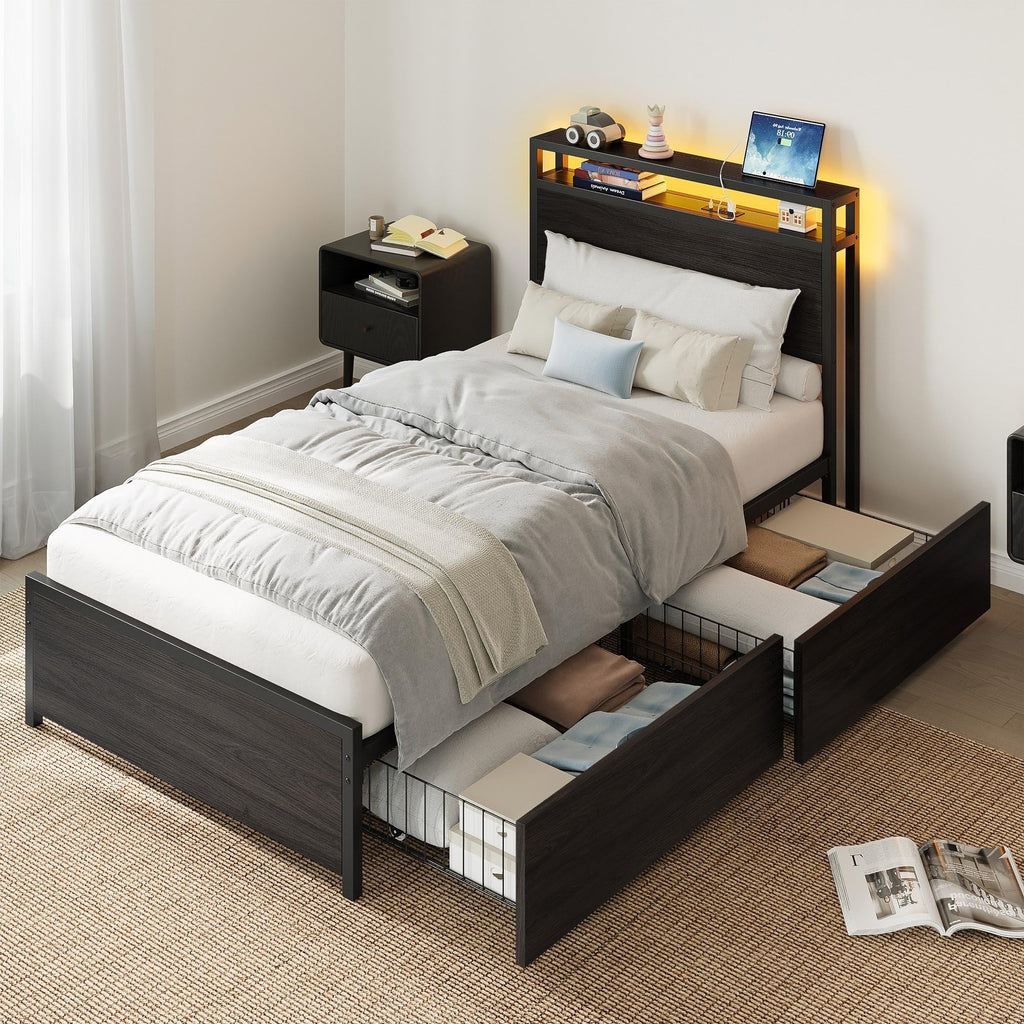Twin Bed Frame with Storage Drawers and LED Light H3467