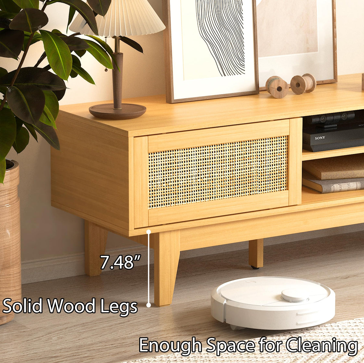 Natural Rattan TV Stand with Sliding Doors Y474
