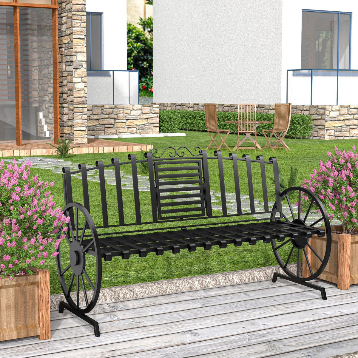 Black Outdoor Garden Bench with Built-in Table S5237