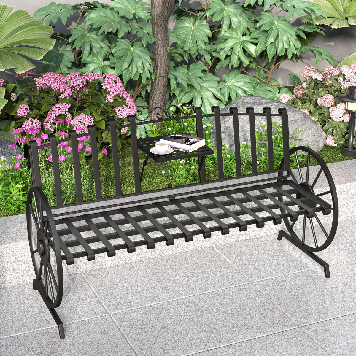 Black Outdoor Garden Bench with Built-in Table S5237